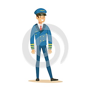 Smiling airline pilot character in blue uniform, aircraft captain vector Illustration
