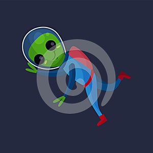 Smiling alien with big eyes wearing blue space suit flying in Space, alien positive character cartoon Illustration