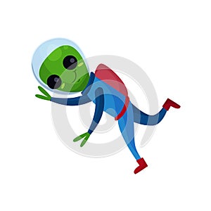 Smiling alien with big eyes wearing blue space suit flying in Space, alien positive character cartoon vector