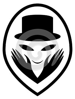 Smiling alien face in magician hat