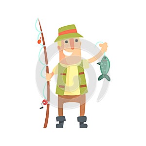 Smiling Amateur Fisherman In Khaki Clothes Holding A Fish He Caught Cartoon Vector Character And His Hobby Illustration photo