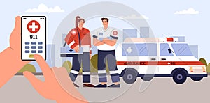 Smiling ambulance emergency specialists standing near car with cross sign flat style