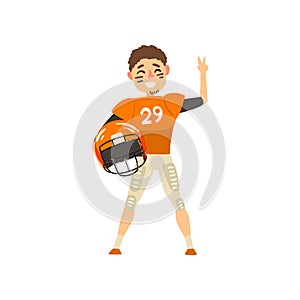 Smiling American football player wearing uniform holding helmet and showing victory sign vector Illustration on a white