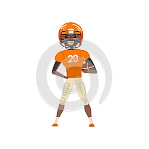 Smiling American football player wearing uniform standing with ball vector Illustration on a white background