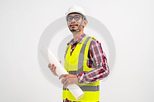 Smiling architect holding a blueprint look to the future with safety helmet on head on white background. Construction concept