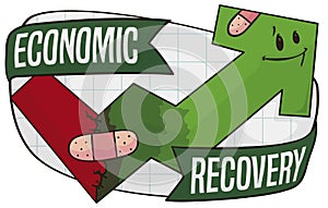 Smiling Arrow with Bandage, Ribbons and Squared Sign due Economic Recovery, Vector Illustration