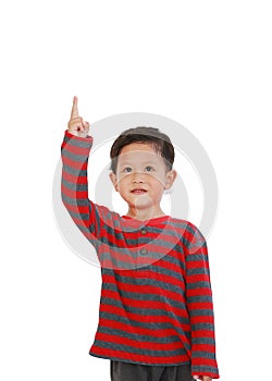 Smiling Asian baby boy age about 3 years old looking and point fingers up gesture on white isolated background