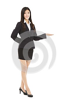 Smiling asian businesswoman presenting