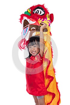 Smiling Asian Chinese little girl with Lion Dance costume