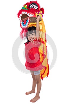 Smiling Asian Chinese little girl with Lion Dance costume