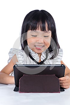 Smiling Asian Chinese little office lady with tablet