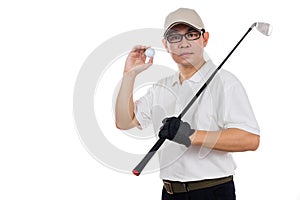 Smiling Asian Chinese Man posing with Golf Club and ball