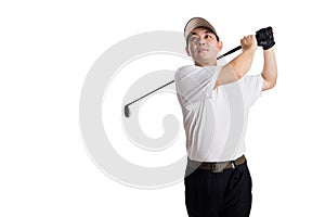 Smiling Asian Chinese Man Swinging Golf Club