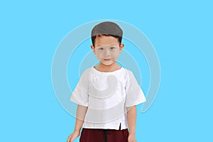 Smiling Asian little baby boy isolated on blue sky background with Clipping path