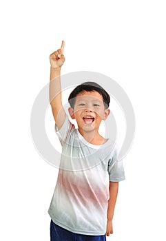 Smiling Asian little boy age about 5 years old raise hand and point one forefinger up with looking camera on white background