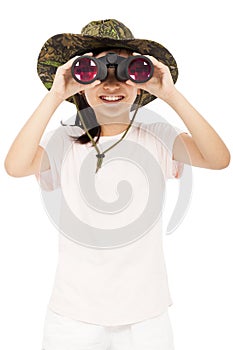 Smiling asian Little girl looking through binoculars.
