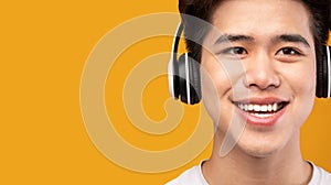 Smiling asian man enjoying music with headphones