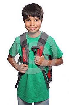 Smiling Asian school student with red backpack