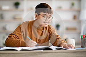 Smiling asian schooler doing homework, writing at notebook