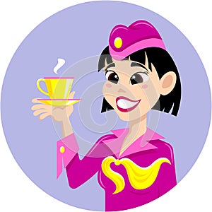 Smiling Asian stewardess offering a drink