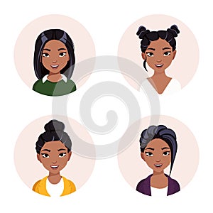Smiling asian woman avatar set. Different women characters collection. Isolated vector illustration with round
