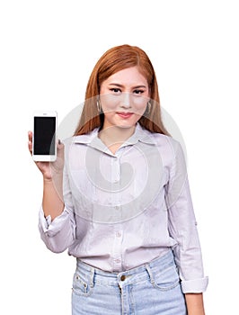 Smiling Asian woman standing in casual shirt holding mobile phone isolated on white background with clipping path.