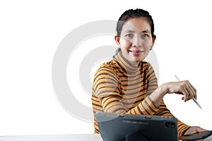 Smiling asian working woman on White Background