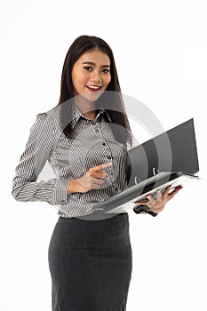 Smiling asian young lady holding document file folder