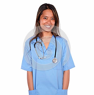 Smiling asiatic nurse woman looking at you