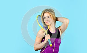 Smiling athletic girl hold tennis racket. In Pursuit of Good Health. Girl tennis player. Sport competition. Squash game