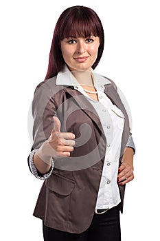 Smiling attractive business woman with thumb up gesture