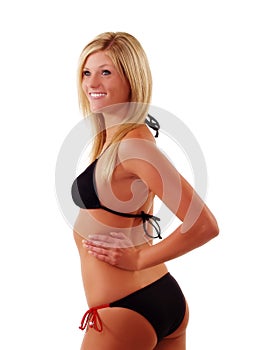 Smiling Attractive Skinny Caucasian Woman Black Bikini