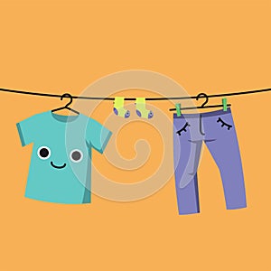 Smiling Baby clothes on clothes line, Habituate kid card.