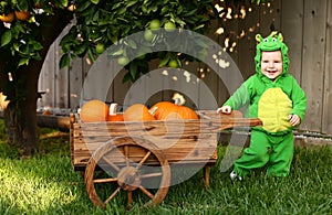 Smiling baby in dragon Halloween costume