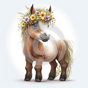 Smiling baby horse in a floral crown made of spring flowers. Cartoon character for postcard, birthday, nursery decor.