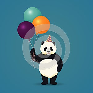 Smiling baby panda standing on hind legs holding three balloons. Black and white chinese bear cub. Rare, vulnerable species.