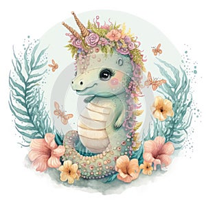 Smiling baby sea horse in a floral crown made of spring flowers. Cartoon character for postcard, birthday, nursery decor.