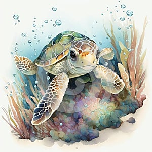 smiling Baby sea Turtle Clip Art on white background generative AI