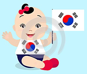 Smiling baby toddler, girl holding a South Korea flag isolated on white background. Vector cartoon mascot.