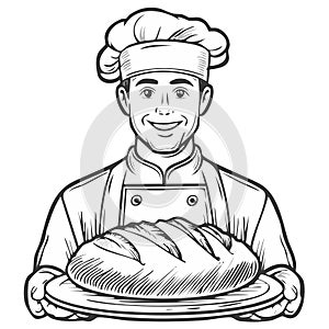 Smiling baker in uniform holding a freshly baked loaf of bread on a plate