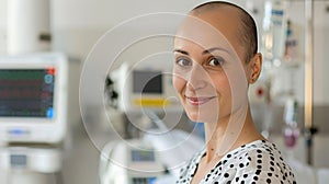 Smiling bald cancer patient in hospital bed, space for text, supportive image for cancer patients