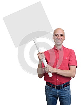 Smiling bald man holding a blank sign board.