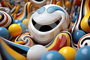 a smiling ball surrounded by colorful balls
