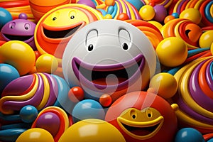 a smiling ball surrounded by many colorful balls