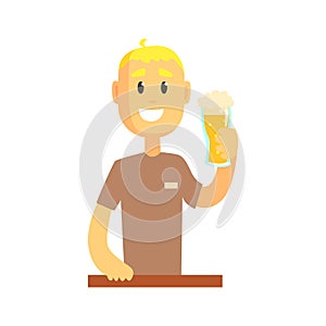 Smiling bartender man character standing at the bar counter holding glass of beer