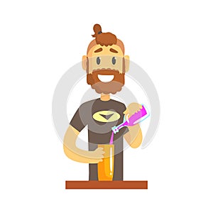 Smiling bartender man character standing at the bar counter pouring alcoholic beverage