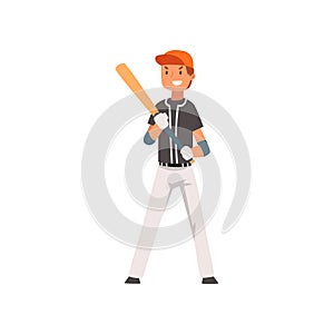 Smiling Baseball Player Standing with Bat and Ball, Softball Athlete Character in Uniform Vector Illustration