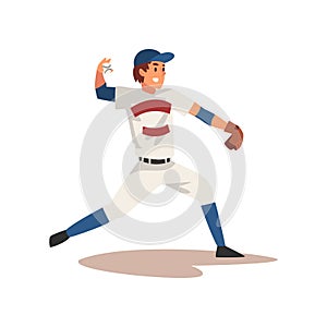 Smiling Baseball Player Throwing Ball, Softball Athlete Character in Uniform, Side View Vector Illustration photo