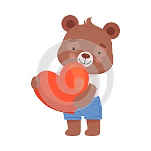 Smiling Bear Character Holding Red Heart in His Paws Vector Illustration