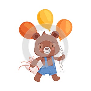 Smiling Bear Character in Playsuit Carrying Bunch of Balloons and Gift Box to Birthday Party Vector Illustration photo